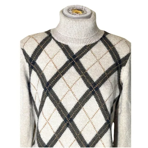 Vintage Evan Picone Tan & Brown Angora Blend Argyle Turtleneck Sweater Top Sz M - Picture 2 of 8